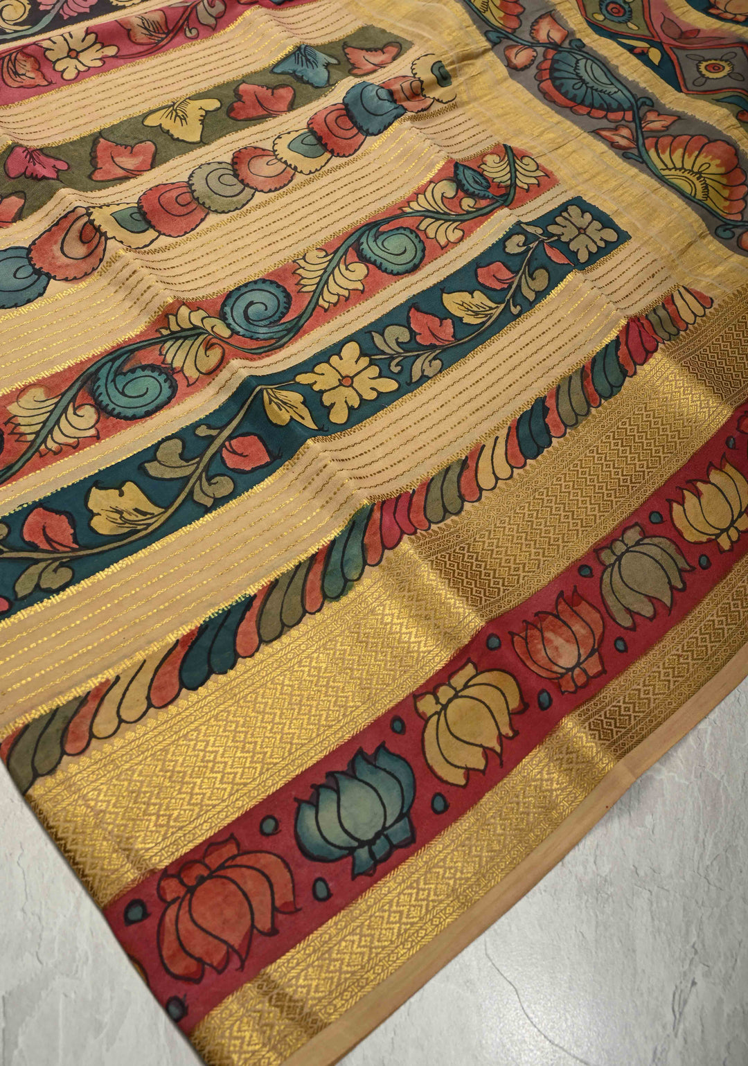Authentic Pen Kalamkari on Pure Mysore Crepe Silk Saree with Panel and Stripes Design | SILK MARK CERTIFIED