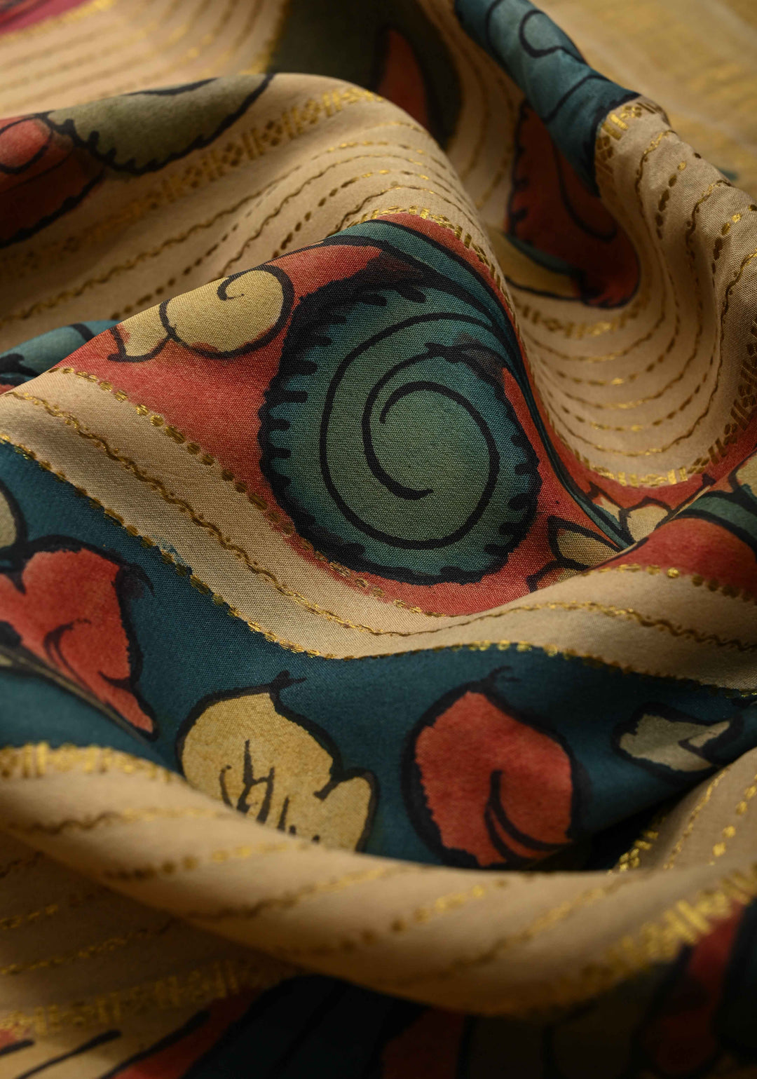 Authentic Pen Kalamkari on Pure Mysore Crepe Silk Saree with Panel and Stripes Design | SILK MARK CERTIFIED