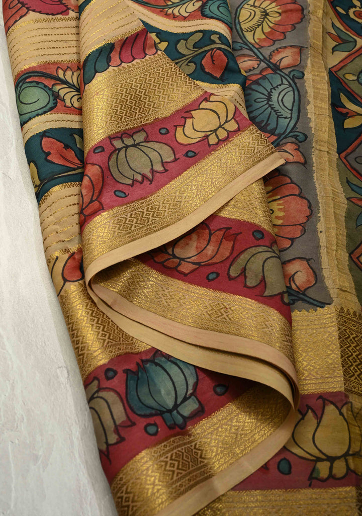 Authentic Pen Kalamkari on Pure Mysore Crepe Silk Saree with Panel and Stripes Design | SILK MARK CERTIFIED