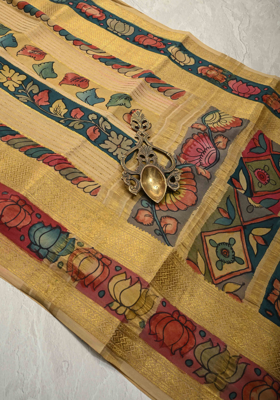 Authentic Pen Kalamkari on Pure Mysore Crepe Silk Saree with Panel and Stripes Design | SILK MARK CERTIFIED