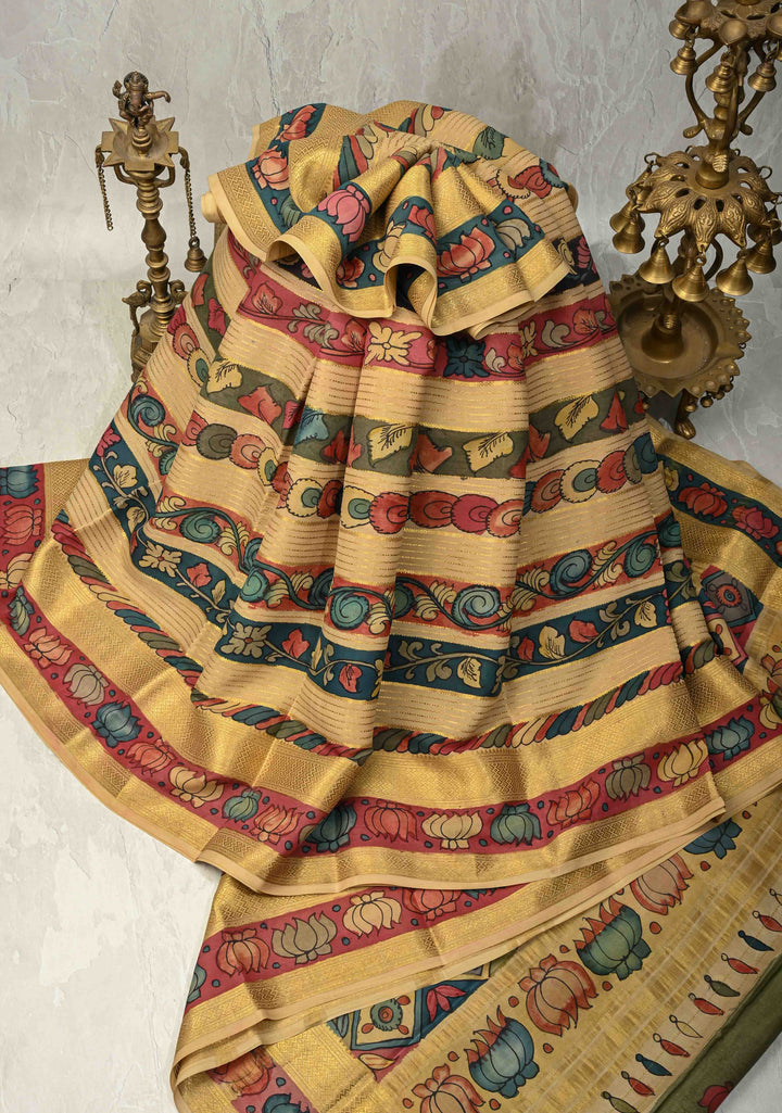 Authentic Pen Kalamkari on Pure Mysore Crepe Silk Saree with Panel and Stripes Design | SILK MARK CERTIFIED