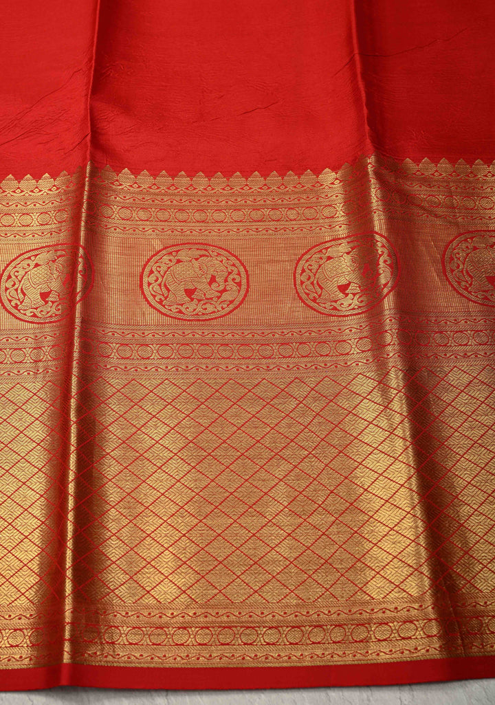 Deep Rama Green Pure Kanjivaram Silk Saree with Kalamkari Floral Digital Print and Wide Contrast Zari Border | SILK MARK CERTIFIED