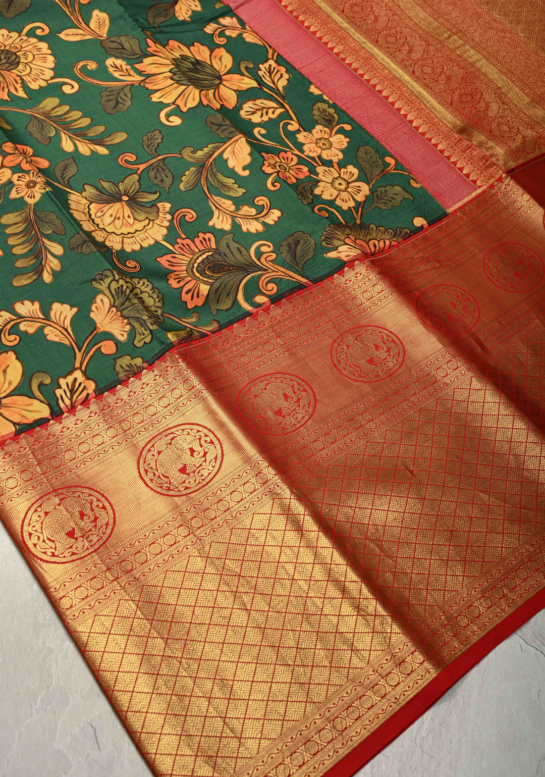 Deep Rama Green Pure Kanjivaram Silk Saree with Kalamkari Floral Digital Print and Wide Contrast Zari Border | SILK MARK CERTIFIED