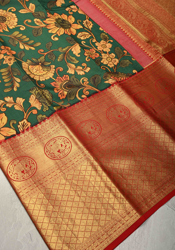 Deep Rama Green Pure Kanjivaram Silk Saree with Kalamkari Floral Digital Print and Wide Contrast Zari Border | SILK MARK CERTIFIED