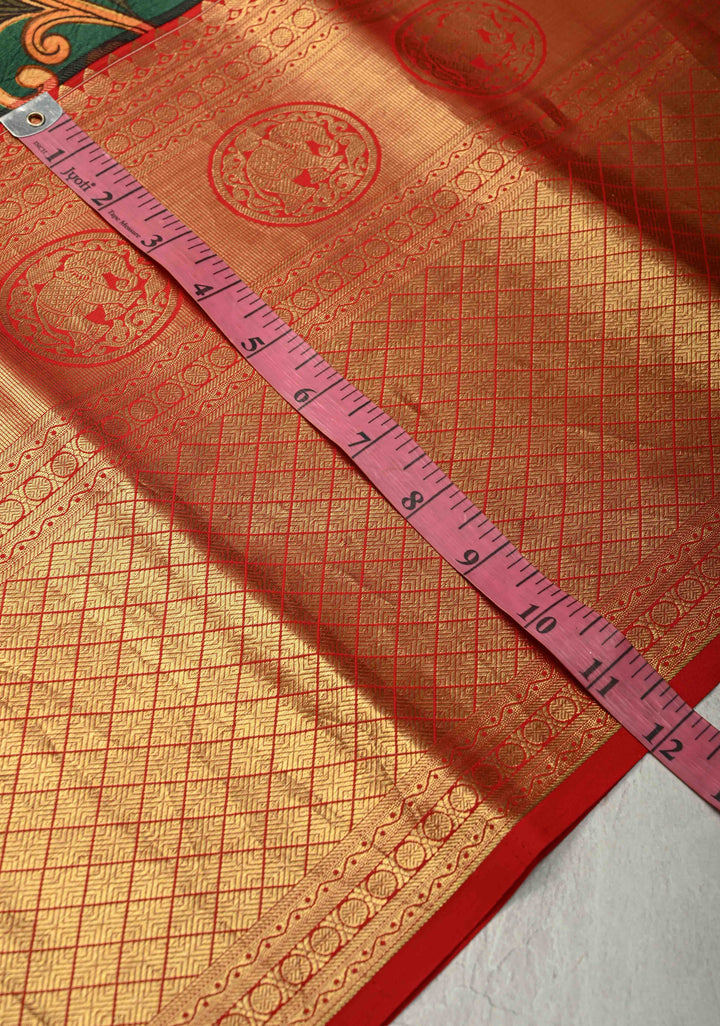 Deep Rama Green Pure Kanjivaram Silk Saree with Kalamkari Floral Digital Print and Wide Contrast Zari Border | SILK MARK CERTIFIED