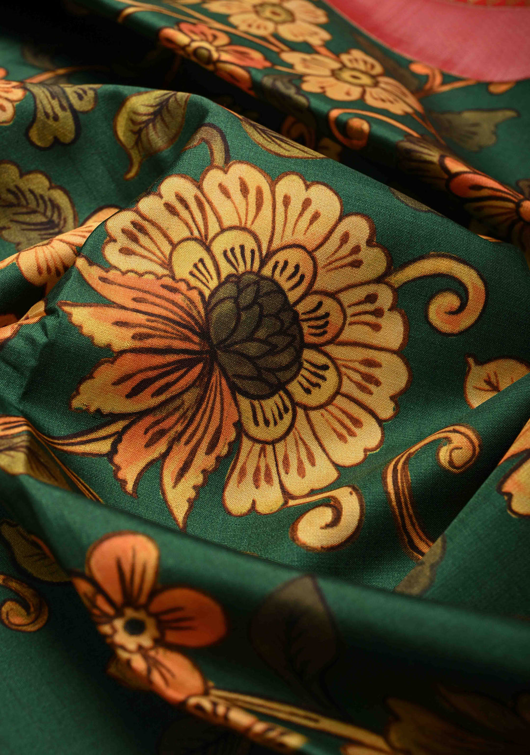 Deep Rama Green Pure Kanjivaram Silk Saree with Kalamkari Floral Digital Print and Wide Contrast Zari Border | SILK MARK CERTIFIED