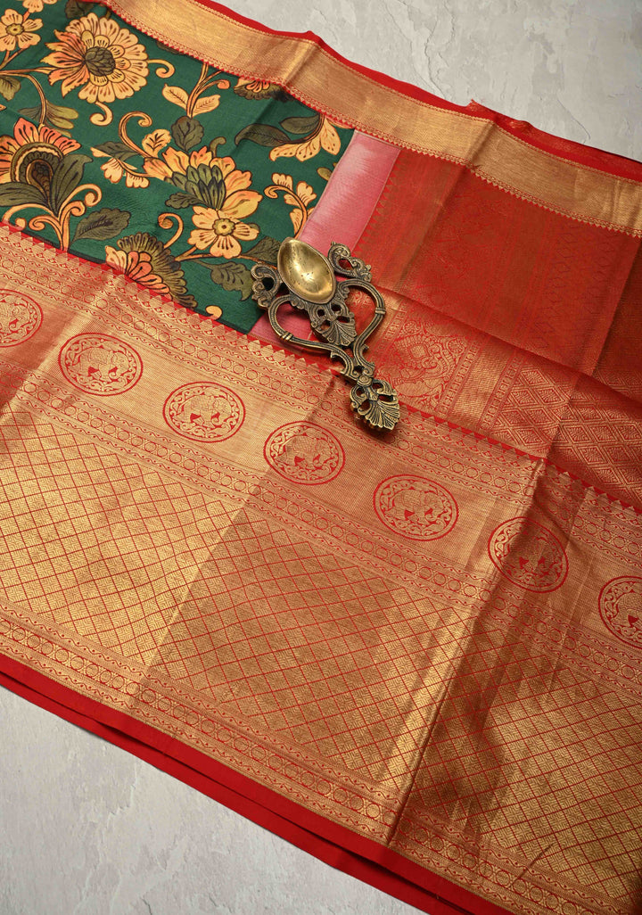 Deep Rama Green Pure Kanjivaram Silk Saree with Kalamkari Floral Digital Print and Wide Contrast Zari Border | SILK MARK CERTIFIED