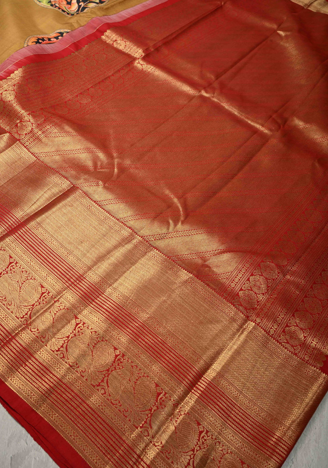 Camel Brown Pure Kanjivaram Silk Saree with Pen Kalamkari Mandala Design Digital Print and Contrast Zari Border | SILK MARK CERTIFIED