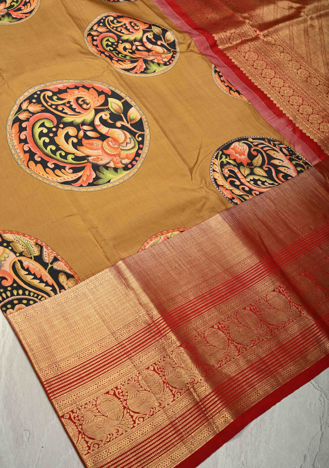 Camel Brown Pure Kanjivaram Silk Saree with Pen Kalamkari Mandala Design Digital Print and Contrast Zari Border | SILK MARK CERTIFIED