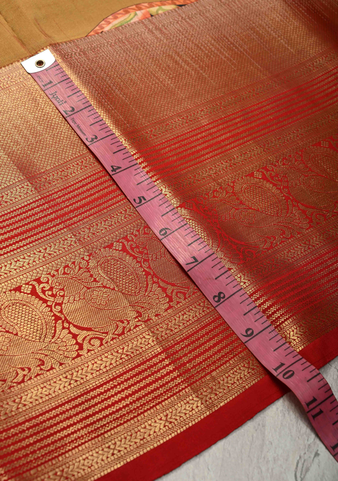 Camel Brown Pure Kanjivaram Silk Saree with Pen Kalamkari Mandala Design Digital Print and Contrast Zari Border | SILK MARK CERTIFIED