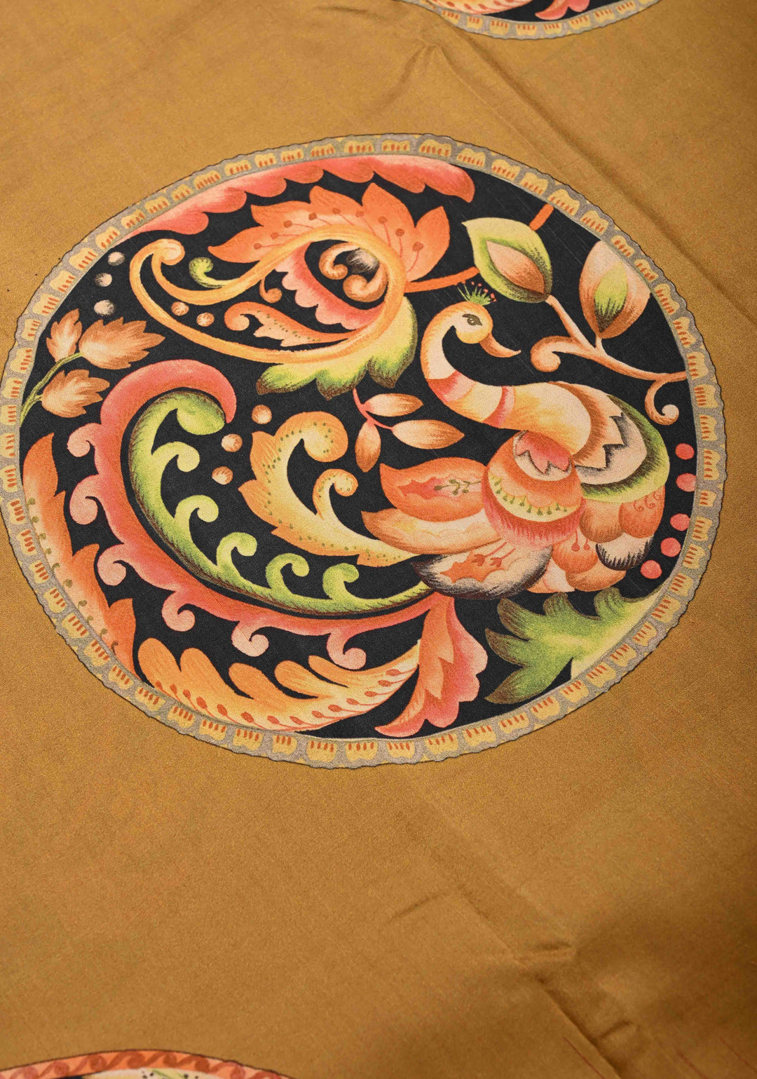 Camel Brown Pure Kanjivaram Silk Saree with Pen Kalamkari Mandala Design Digital Print and Contrast Zari Border | SILK MARK CERTIFIED