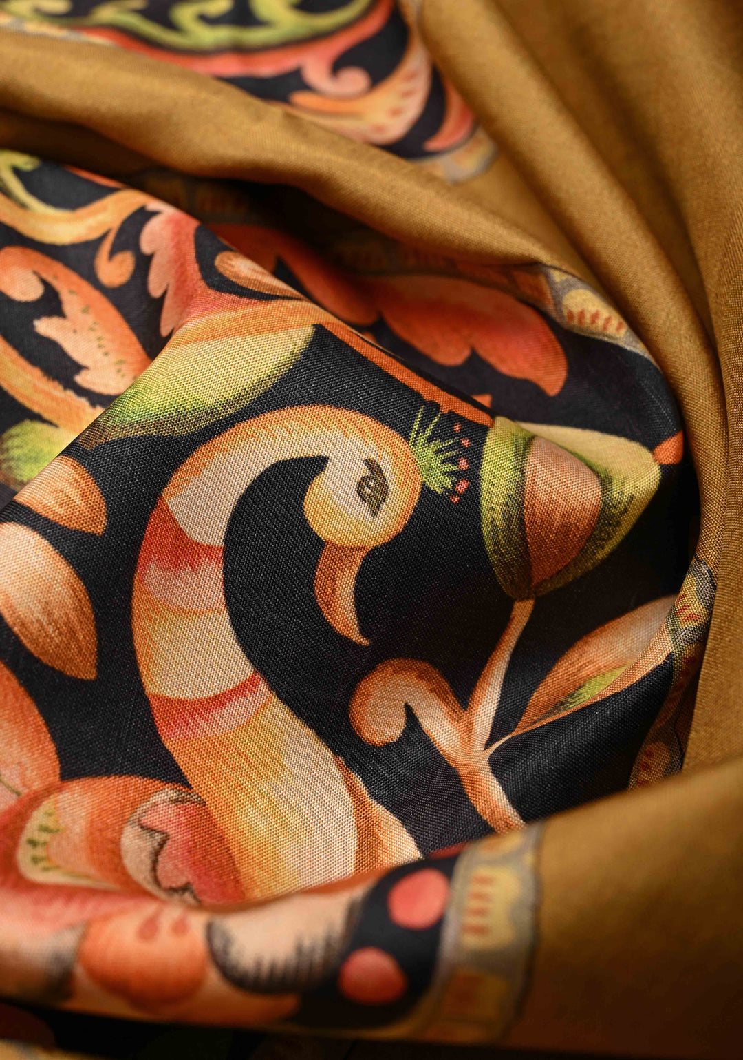 Camel Brown Pure Kanjivaram Silk Saree with Pen Kalamkari Mandala Design Digital Print and Contrast Zari Border | SILK MARK CERTIFIED