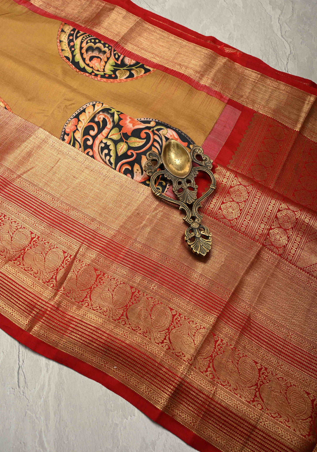 Camel Brown Pure Kanjivaram Silk Saree with Pen Kalamkari Mandala Design Digital Print and Contrast Zari Border | SILK MARK CERTIFIED