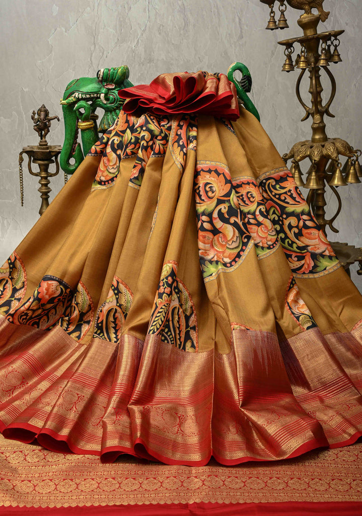 Camel Brown Pure Kanjivaram Silk Saree with Pen Kalamkari Mandala Design Digital Print and Contrast Zari Border | SILK MARK CERTIFIED