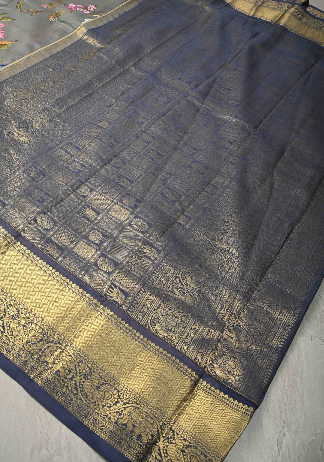 Gray Pure Kanjivaram Silk Saree with Tropical Floral Digital Print and Contrast Short Width Zari Border | SILK MARK CERTIFIED