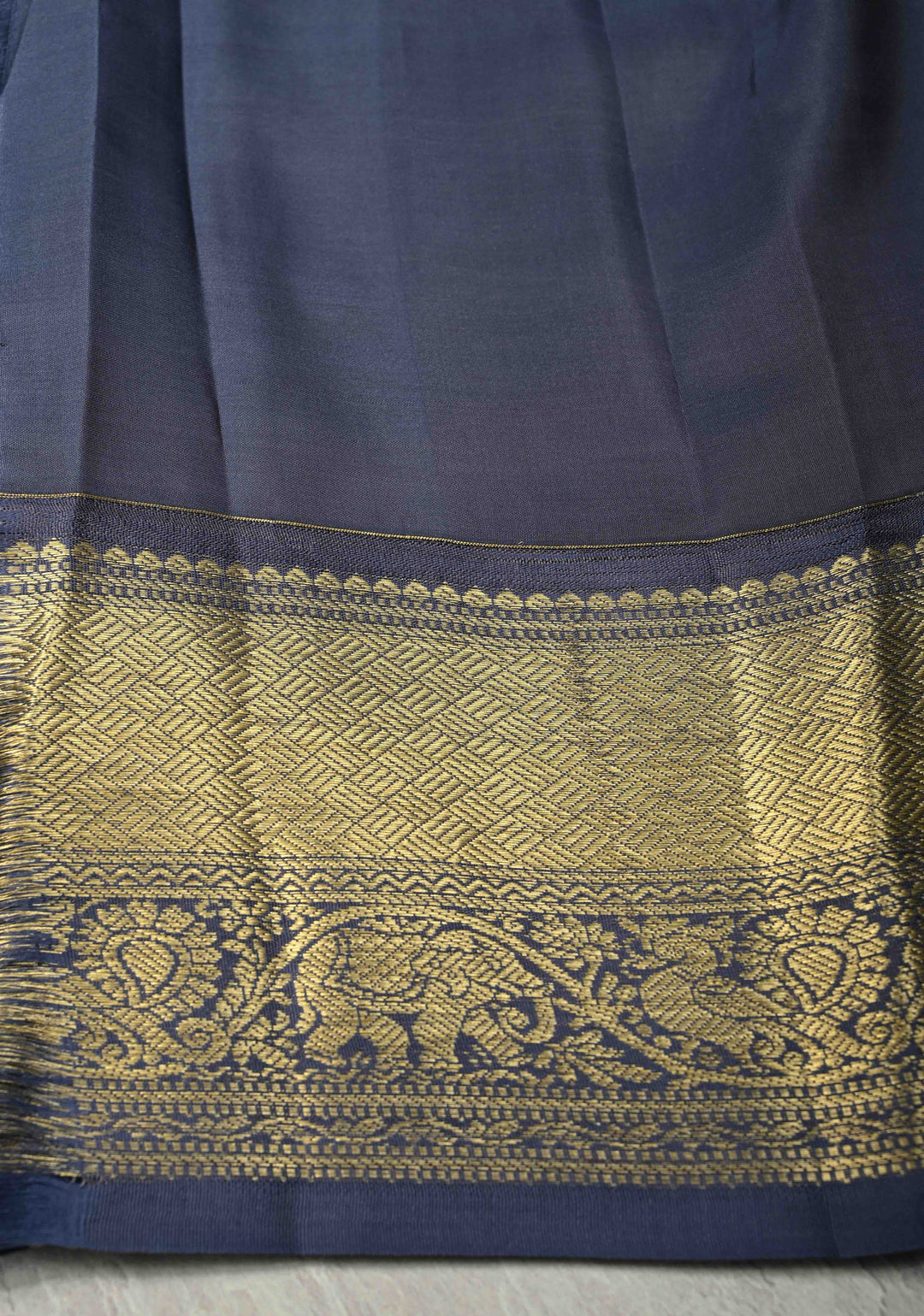 Gray Pure Kanjivaram Silk Saree with Tropical Floral Digital Print and Contrast Short Width Zari Border | SILK MARK CERTIFIED