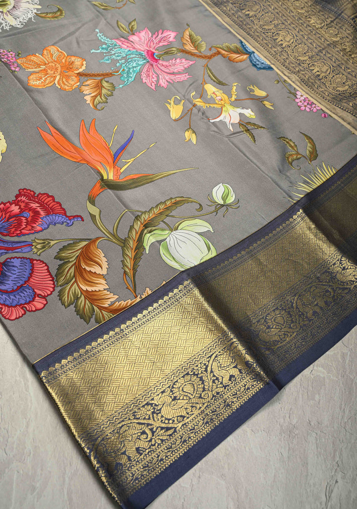 Gray Pure Kanjivaram Silk Saree with Tropical Floral Digital Print and Contrast Short Width Zari Border | SILK MARK CERTIFIED