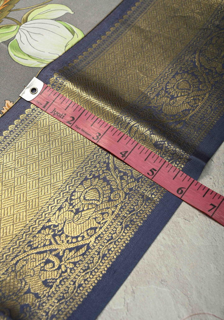 Gray Pure Kanjivaram Silk Saree with Tropical Floral Digital Print and Contrast Short Width Zari Border | SILK MARK CERTIFIED