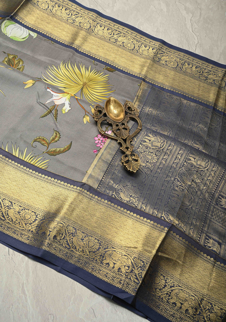 Gray Pure Kanjivaram Silk Saree with Tropical Floral Digital Print and Contrast Short Width Zari Border | SILK MARK CERTIFIED
