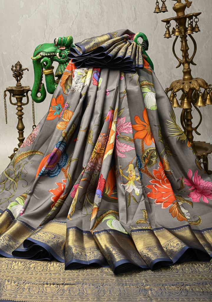 Gray Pure Kanjivaram Silk Saree with Tropical Floral Digital Print and Contrast Short Width Zari Border | SILK MARK CERTIFIED