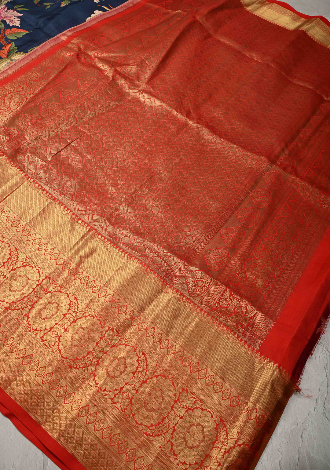 Elegant Prussian Blue Kanjivaram Silk Saree with Floral Digital Print and Contrast Zari Border | SILK MARK CERTIFIED