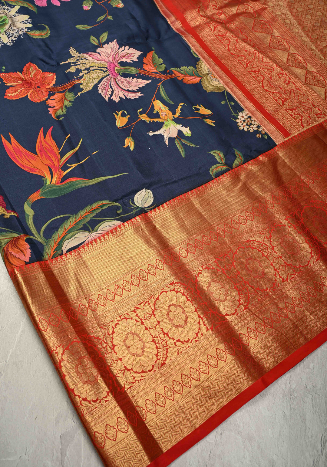 Elegant Prussian Blue Kanjivaram Silk Saree with Floral Digital Print and Contrast Zari Border | SILK MARK CERTIFIED