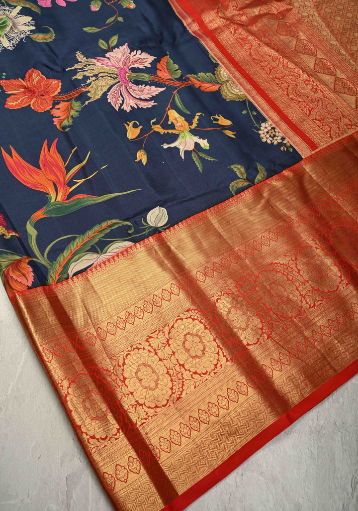 Elegant Prussian Blue Kanjivaram Silk Saree with Floral Digital Print and Contrast Zari Border | SILK MARK CERTIFIED