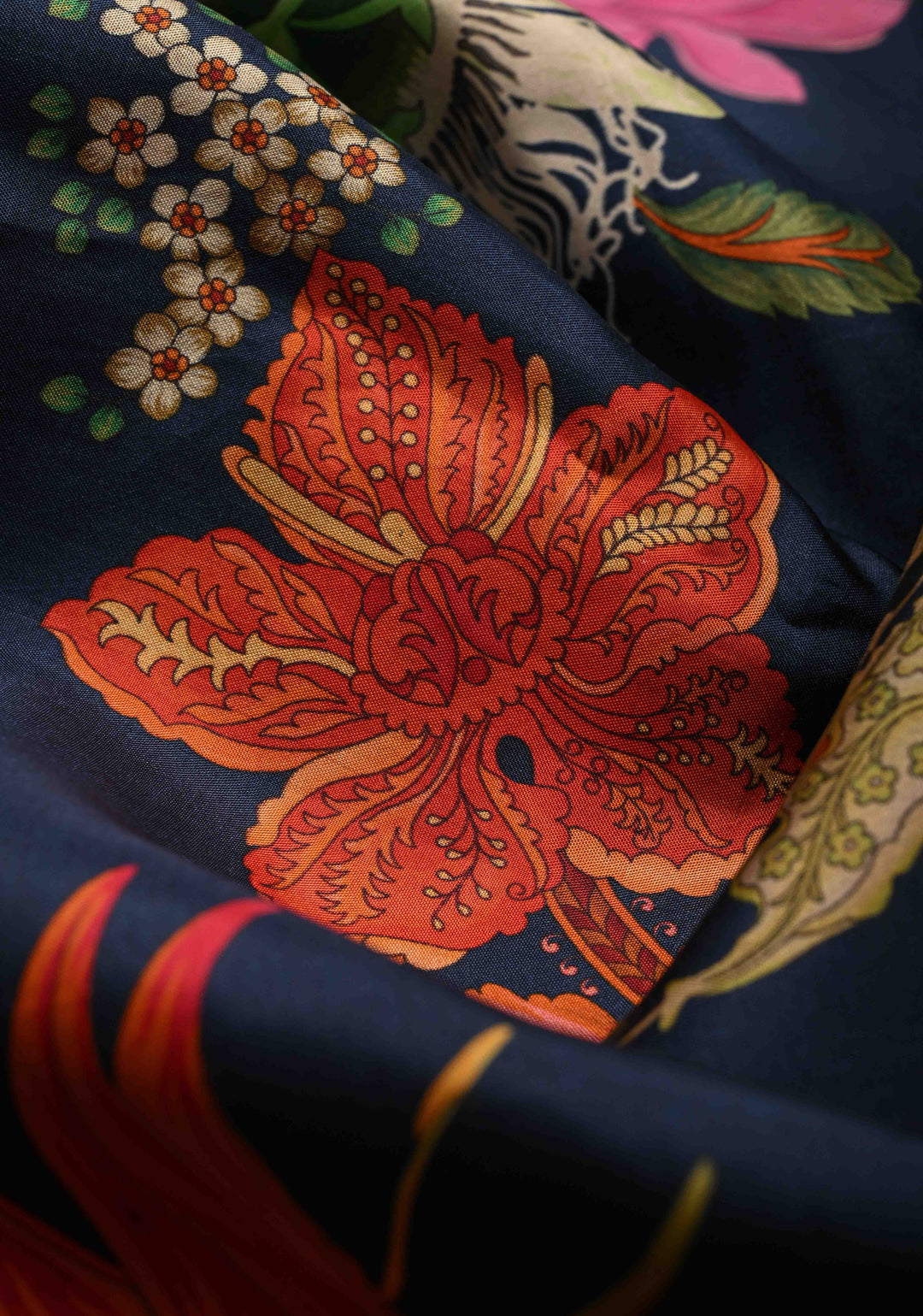 Elegant Prussian Blue Kanjivaram Silk Saree with Floral Digital Print and Contrast Zari Border | SILK MARK CERTIFIED