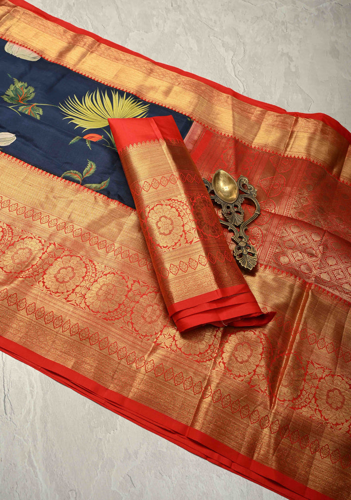 Elegant Prussian Blue Kanjivaram Silk Saree with Floral Digital Print and Contrast Zari Border | SILK MARK CERTIFIED