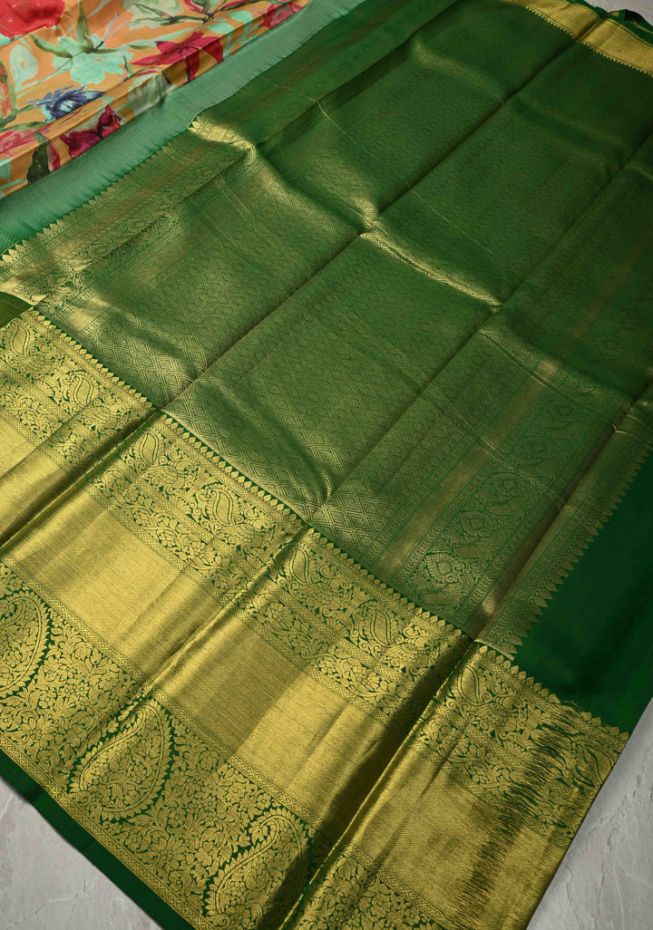 Mint Green Pure Kanjivaram Silk Saree with Water Color Floral Digital Print and Green Wide Contrast Zari Border | SILK MARK CERTIFIED
