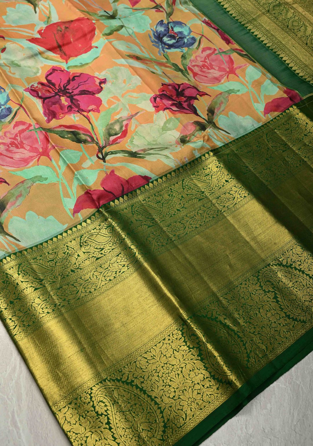 Mint Green Pure Kanjivaram Silk Saree with Water Color Floral Digital Print and Green Wide Contrast Zari Border | SILK MARK CERTIFIED