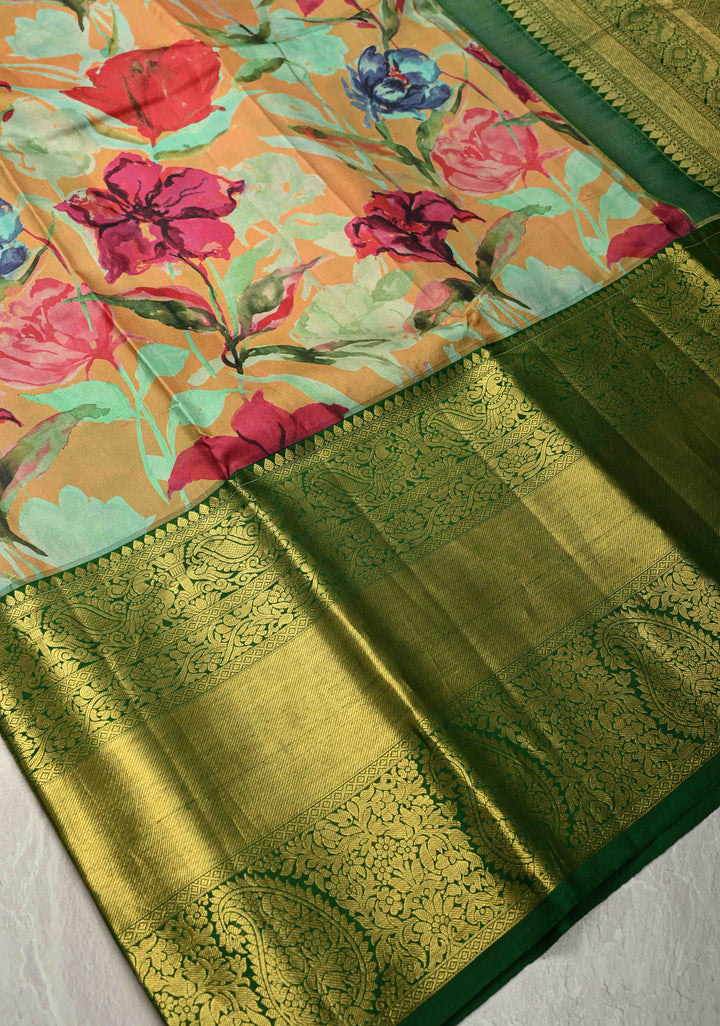 Mint Green Pure Kanjivaram Silk Saree with Water Color Floral Digital Print and Green Wide Contrast Zari Border | SILK MARK CERTIFIED