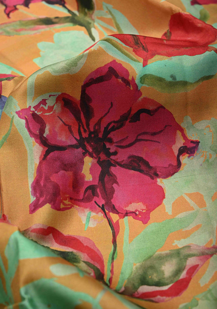 Mint Green Pure Kanjivaram Silk Saree with Water Color Floral Digital Print and Green Wide Contrast Zari Border | SILK MARK CERTIFIED