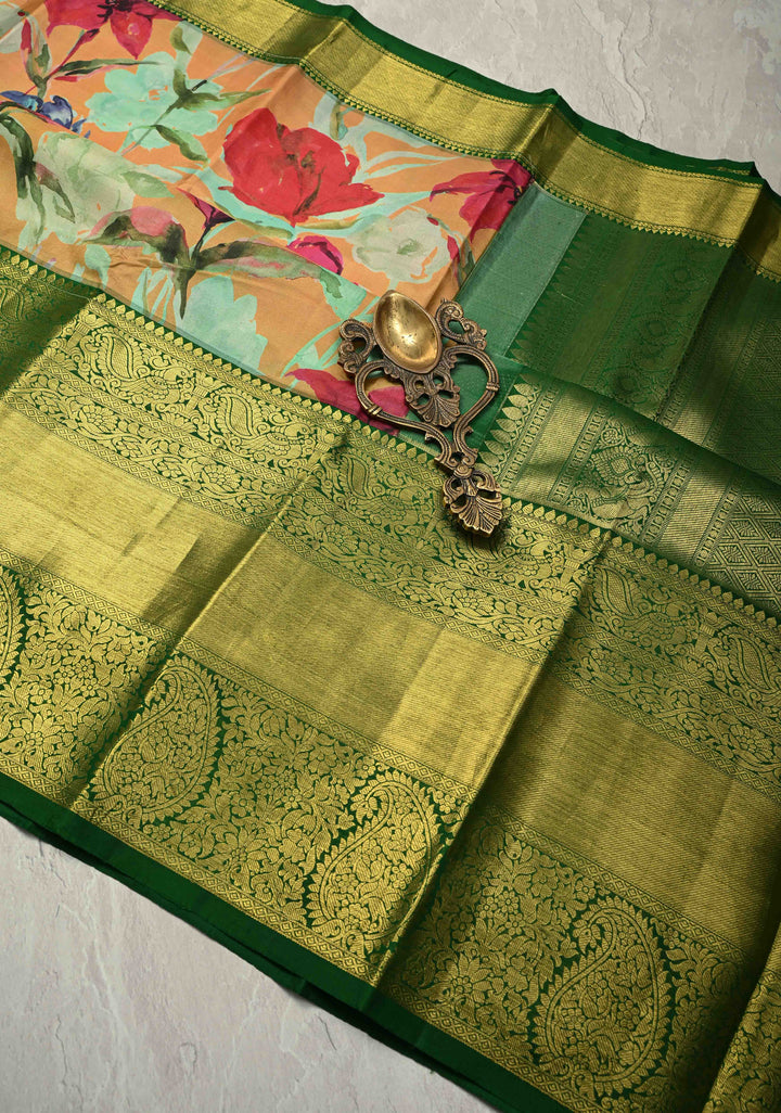 Mint Green Pure Kanjivaram Silk Saree with Water Color Floral Digital Print and Green Wide Contrast Zari Border | SILK MARK CERTIFIED
