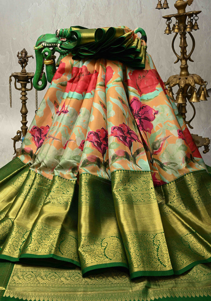 Mint Green Pure Kanjivaram Silk Saree with Water Color Floral Digital Print and Green Wide Contrast Zari Border | SILK MARK CERTIFIED