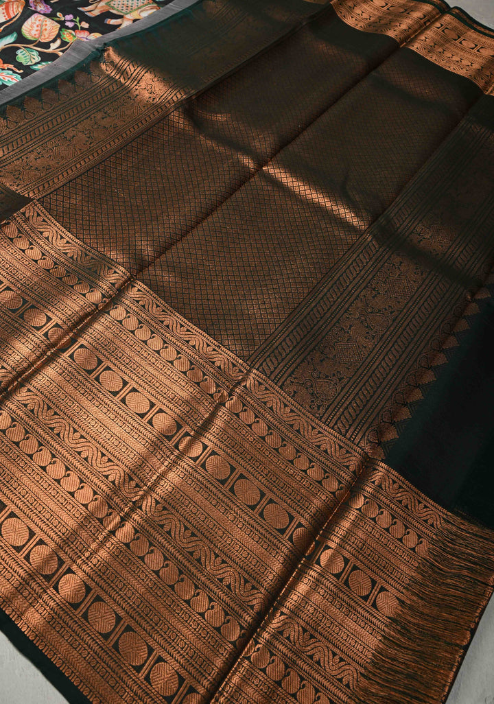 Charcoal Black Pure Kanjivaram Silk Saree with Kalamkari  Digital Print and Wide Bottle Green Copper Zari Border | SILK MARK CERTIFIED