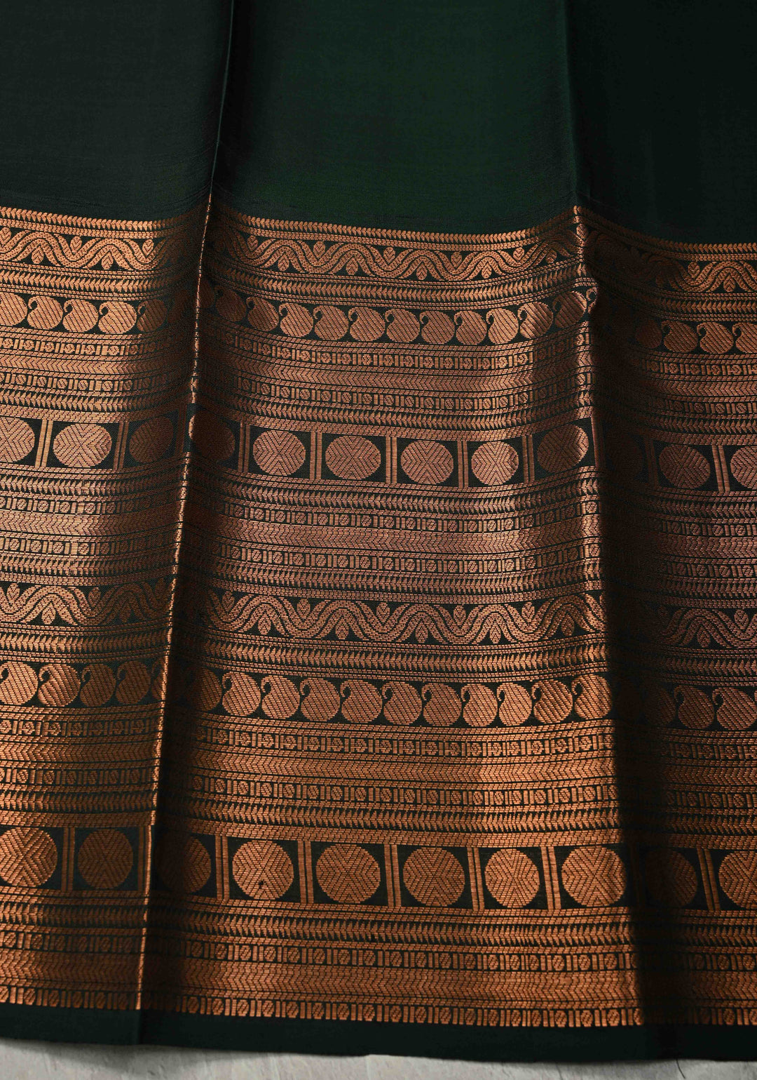 Charcoal Black Pure Kanjivaram Silk Saree with Kalamkari  Digital Print and Wide Bottle Green Copper Zari Border | SILK MARK CERTIFIED