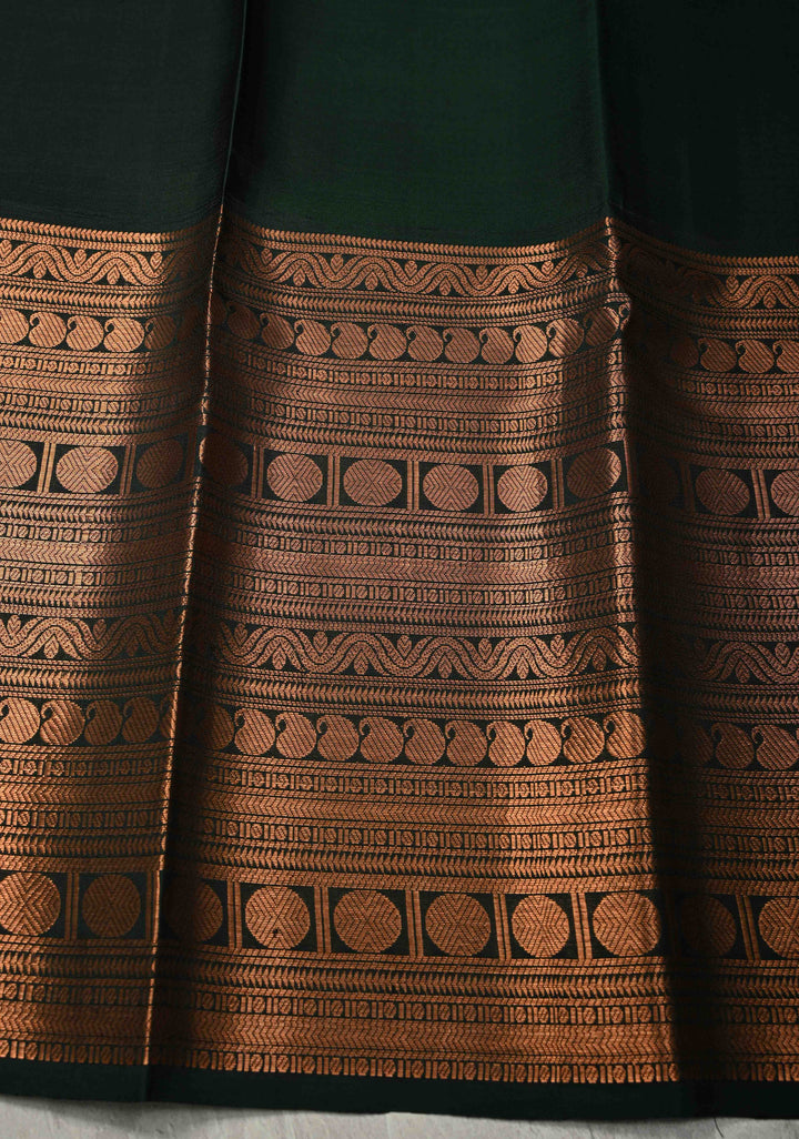 Charcoal Black Pure Kanjivaram Silk Saree with Kalamkari  Digital Print and Wide Bottle Green Copper Zari Border | SILK MARK CERTIFIED