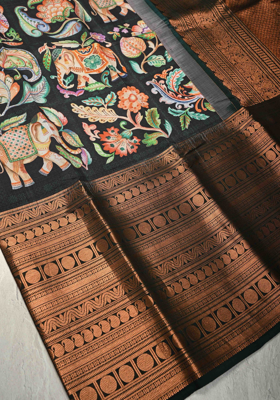 Charcoal Black Pure Kanjivaram Silk Saree with Kalamkari  Digital Print and Wide Bottle Green Copper Zari Border | SILK MARK CERTIFIED