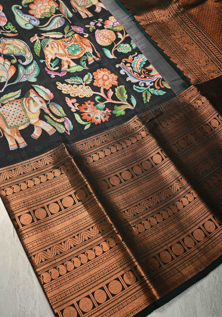 Charcoal Black Pure Kanjivaram Silk Saree with Kalamkari  Digital Print and Wide Bottle Green Copper Zari Border | SILK MARK CERTIFIED