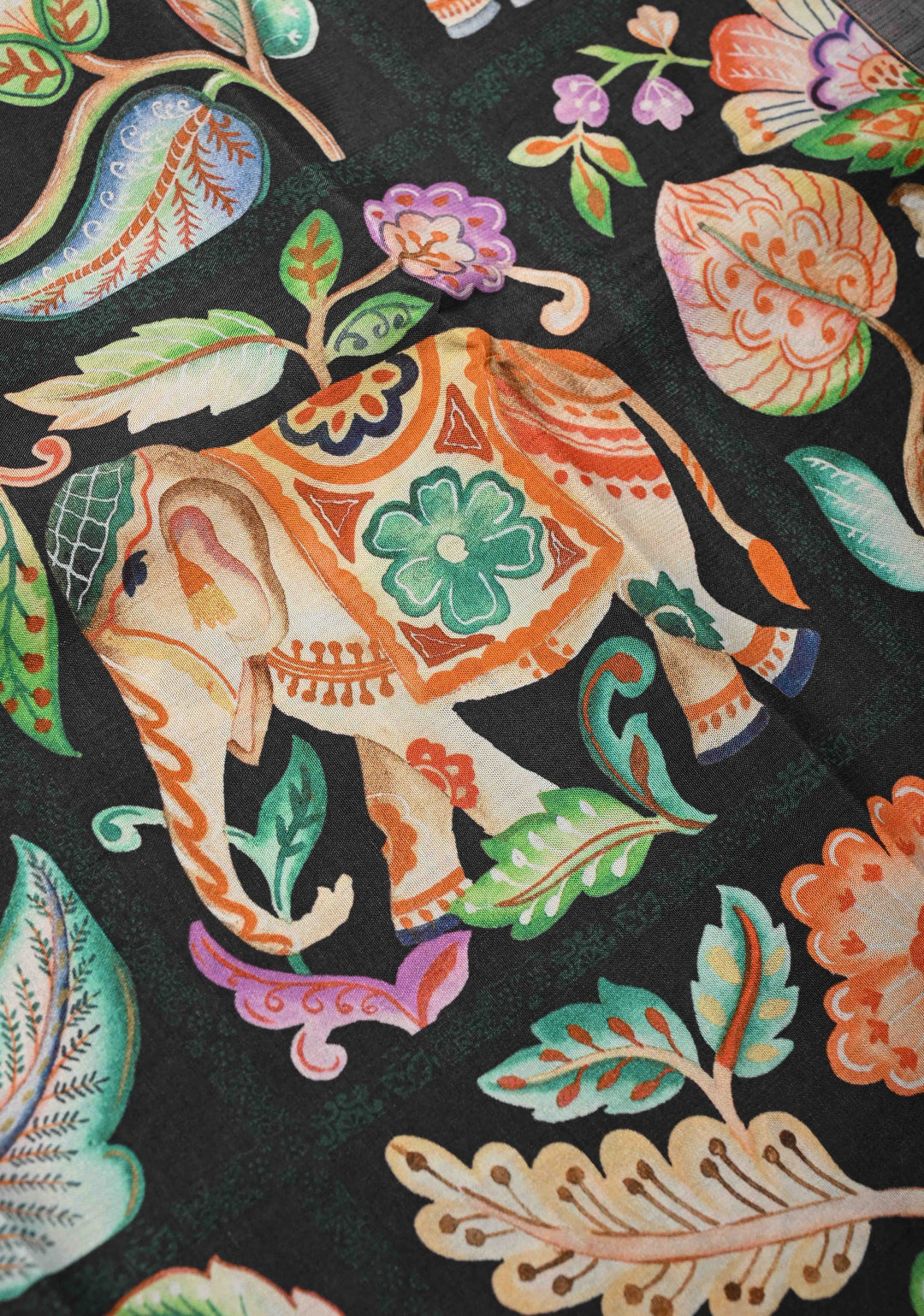 Charcoal Black Pure Kanjivaram Silk Saree with Kalamkari  Digital Print and Wide Bottle Green Copper Zari Border | SILK MARK CERTIFIED