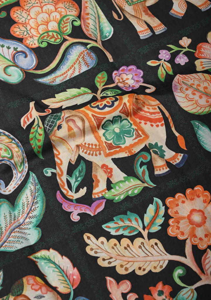 Charcoal Black Pure Kanjivaram Silk Saree with Kalamkari  Digital Print and Wide Bottle Green Copper Zari Border | SILK MARK CERTIFIED