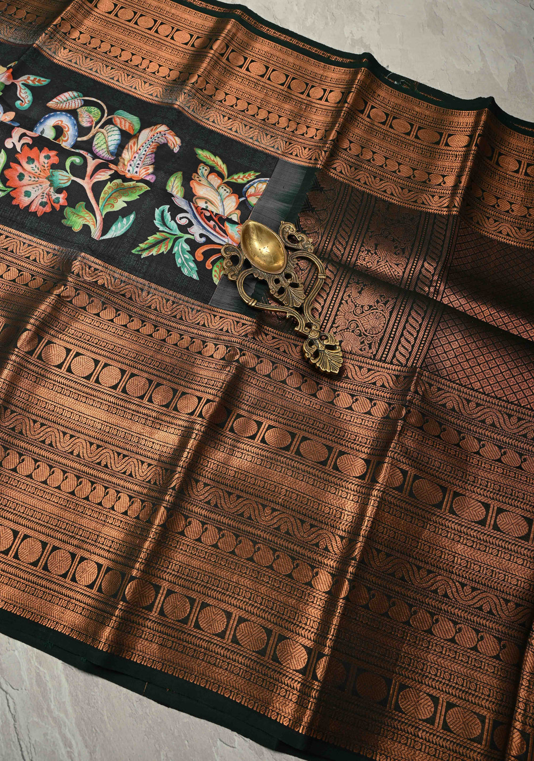 Charcoal Black Pure Kanjivaram Silk Saree with Kalamkari  Digital Print and Wide Bottle Green Copper Zari Border | SILK MARK CERTIFIED