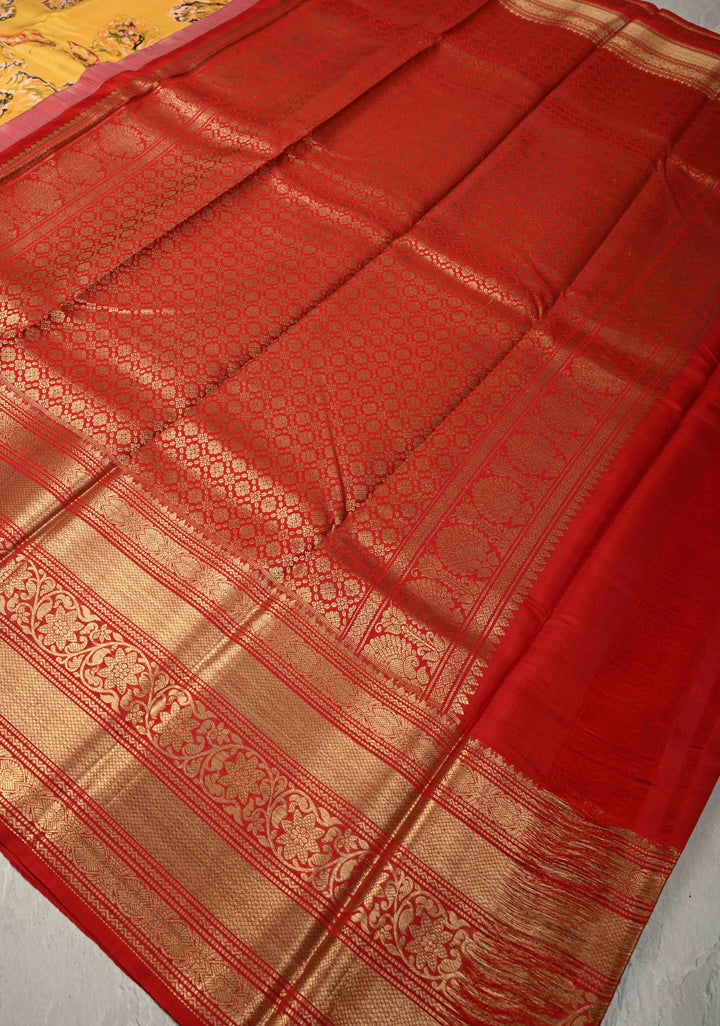 Yellow Pure Kanjivaram Silk Saree with Abstract Floral Digital Print and Wide Contrast Zari Border | SILK MARK CERTIFIED