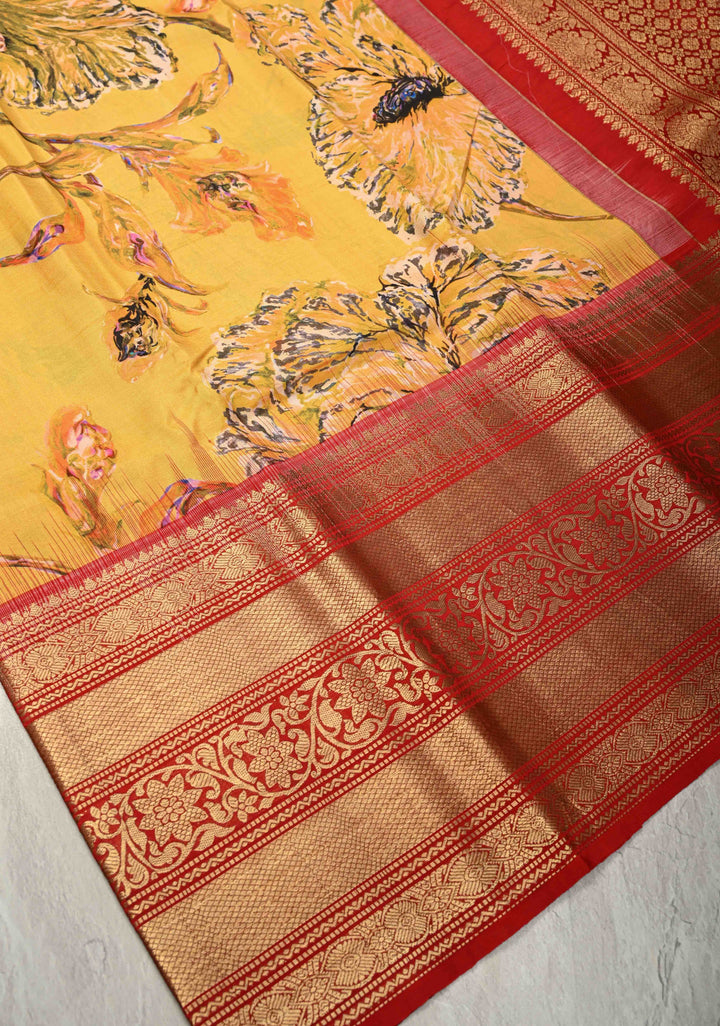 Yellow Pure Kanjivaram Silk Saree with Abstract Floral Digital Print and Wide Contrast Zari Border | SILK MARK CERTIFIED