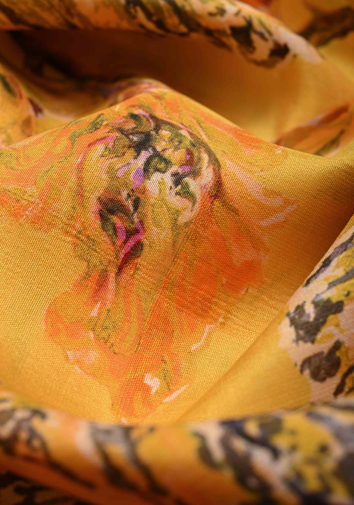 Yellow Pure Kanjivaram Silk Saree with Abstract Floral Digital Print and Wide Contrast Zari Border | SILK MARK CERTIFIED