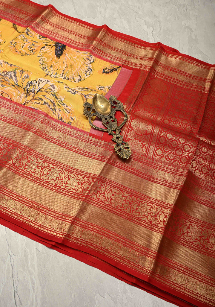 Yellow Pure Kanjivaram Silk Saree with Abstract Floral Digital Print and Wide Contrast Zari Border | SILK MARK CERTIFIED