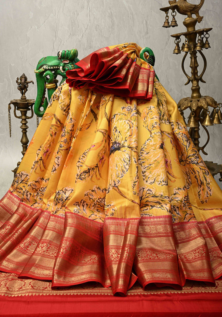 Yellow Pure Kanjivaram Silk Saree with Abstract Floral Digital Print and Wide Contrast Zari Border | SILK MARK CERTIFIED