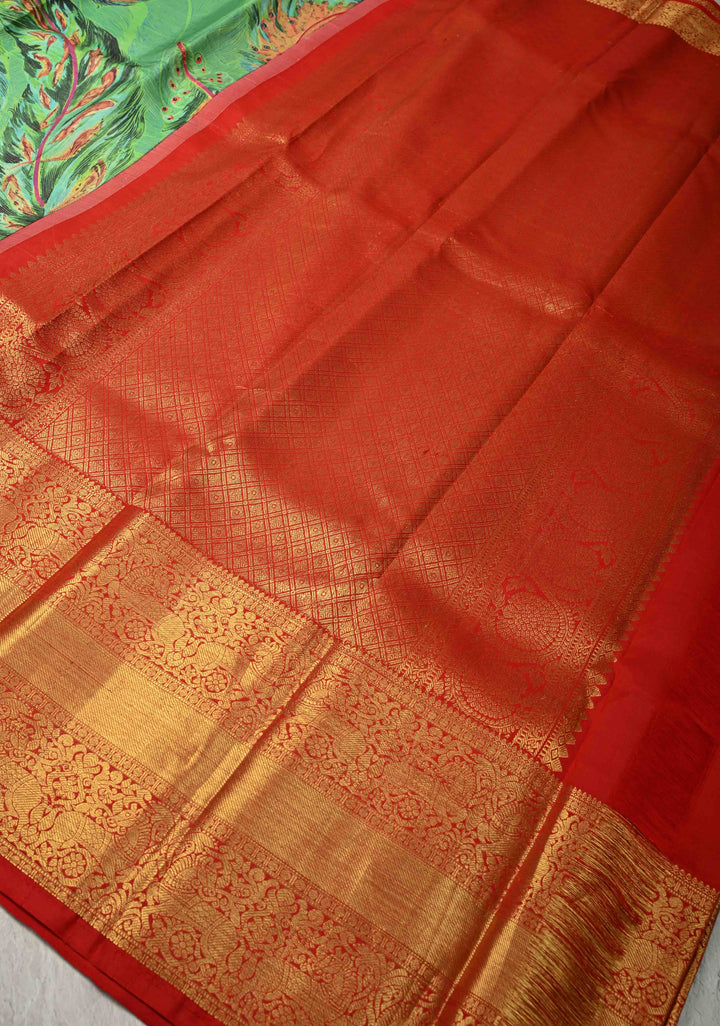 Rama Green Pure Kanjivaram Silk Saree with Peacock Feathers Abstract Digital Print and Contrast Zari Border | SILK MARK CERTIFIED