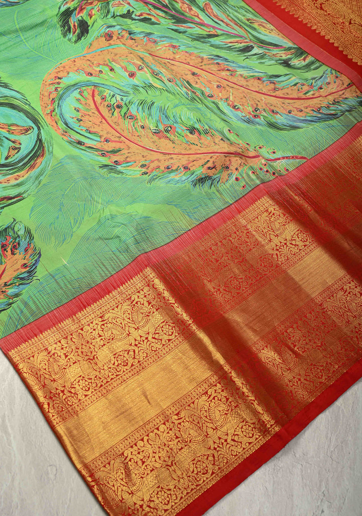 Rama Green Pure Kanjivaram Silk Saree with Peacock Feathers Abstract Digital Print and Contrast Zari Border | SILK MARK CERTIFIED